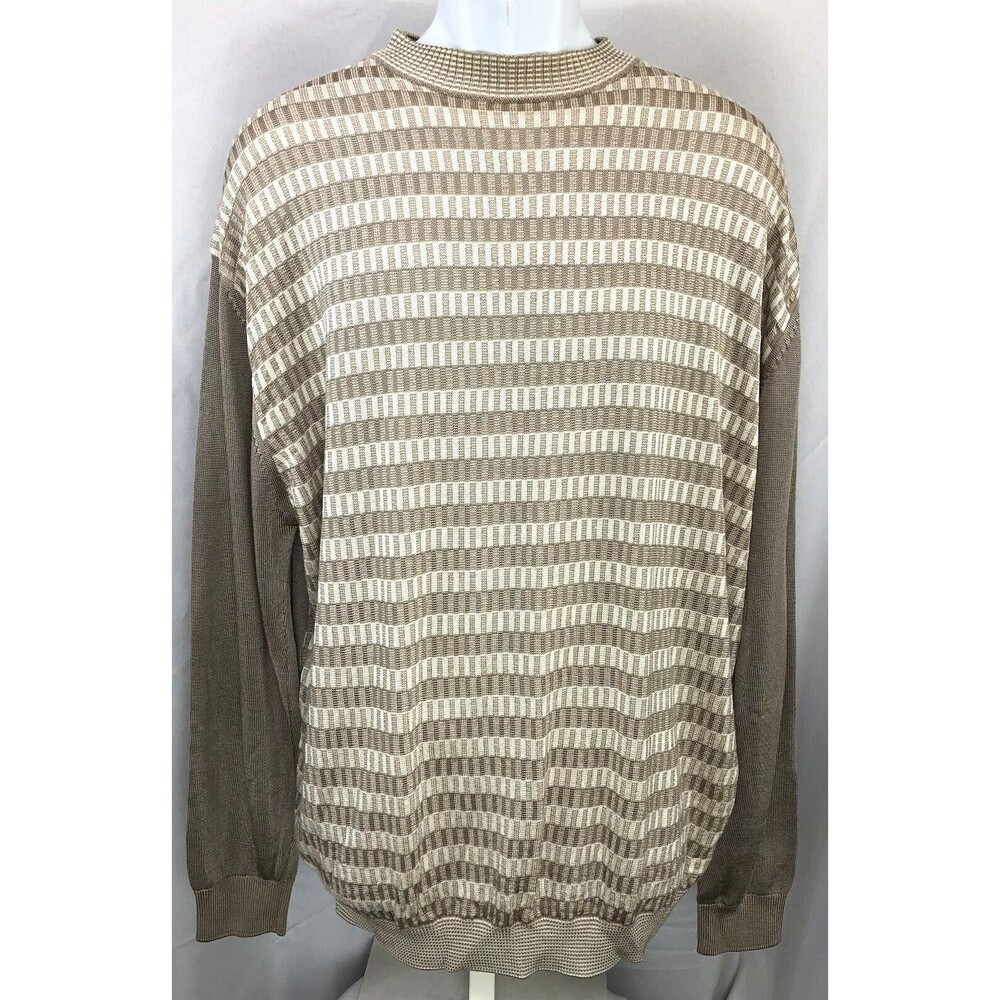 Pronto Uomo Pull Over Crewneck Sweater L Taupe Geo Silky Knit Long Sleeve Italy